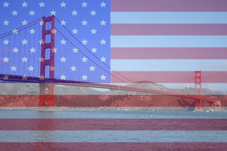 Golden Gate Bridge and American flag montageの写真素材