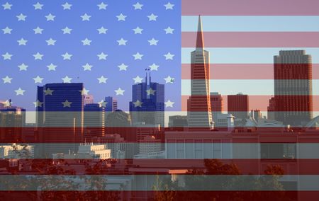 San Francisco skyline from Coit Tower American Flag montageの写真素材