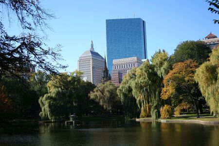 John Hancock tower from Public garden Bostonの写真素材