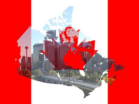 Calgary skyline Canada with canadian map flagの写真素材