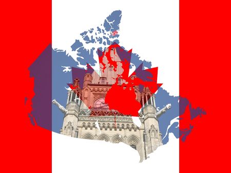 Canadian Parliament Ottawa with canadian map flag frameの写真素材