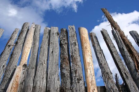 wooden fence with rough bark against sky backgroundの写真素材