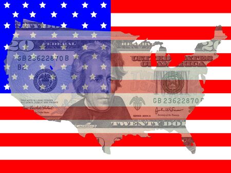 Twenty dollar bill with American map flag frameの写真素材