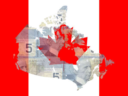 Five dollar bill with Canadian map flag frameの写真素材