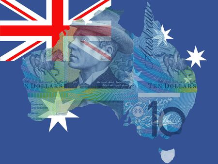 Australian currency with map of Australia and flagの写真素材