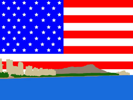Waikiki Skyline and American Flagのイラスト素材