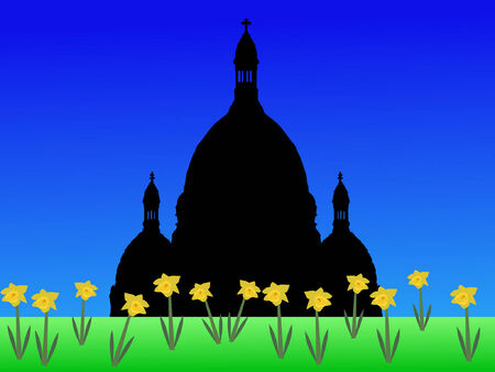 Sacre Coeur Basilica Montmartre in springtime with daffodils in bloomのイラスト素材