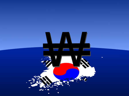 Korean Won sign with map and flag of South Korea from spaceの写真素材