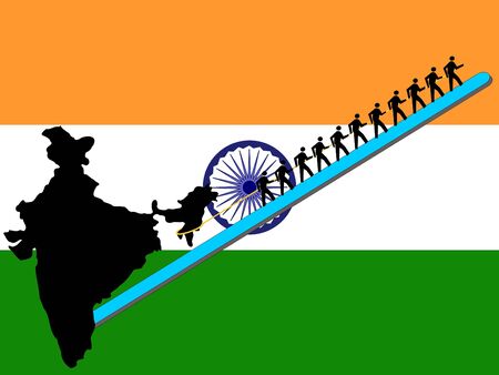 Workers pulling India upwards with Indian flagの写真素材
