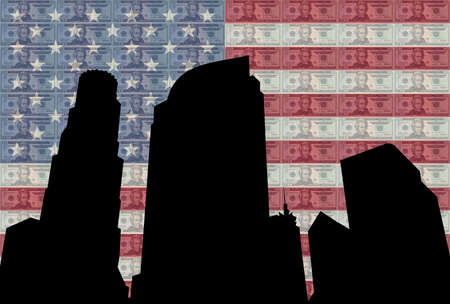 Los Angeles skyline against twenty dollar bills and American flagの写真素材