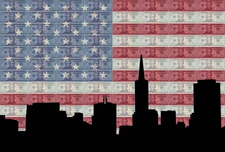 San Francisco skyline against twenty dollar bills and American flagの写真素材