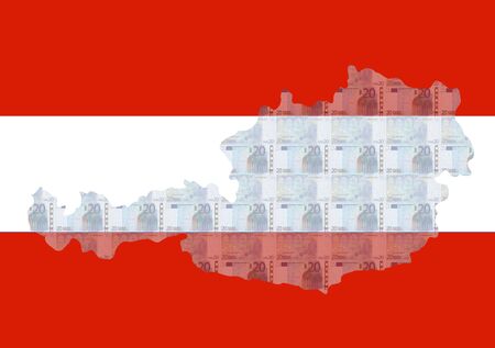 Map of Austria with 20 euros and Austrian flagの写真素材