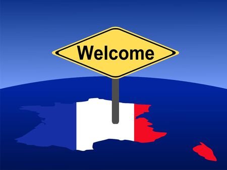 map and flag of France with giant welcome signの写真素材