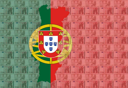 Map of Portugal with  10 euro and Portuguese flag illustrationの写真素材