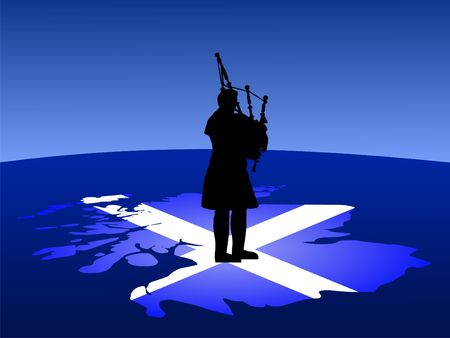 scottish man in kilt playing bagpipes standing on map of scotlandの写真素材