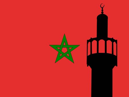 Minaret of mosque against moroccan Flagの写真素材