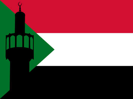 Minaret of mosque against Sudanese Flag illustrationの写真素材