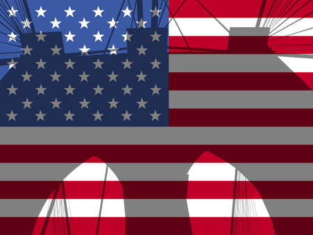 Brooklyn bridge tower against American Flag illustrationの写真素材