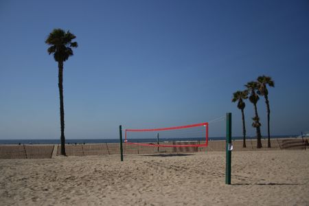 beach volleyball court with palm trees Santa Monica Californiaの写真素材