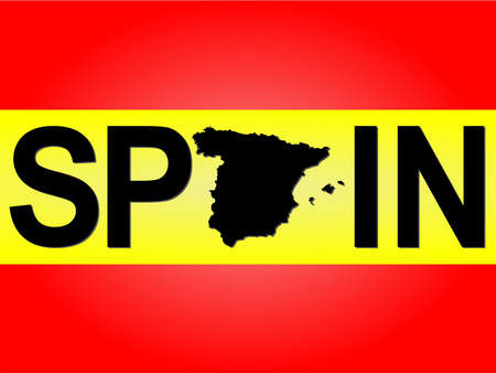 Spain text with map on Spanish flag illustration