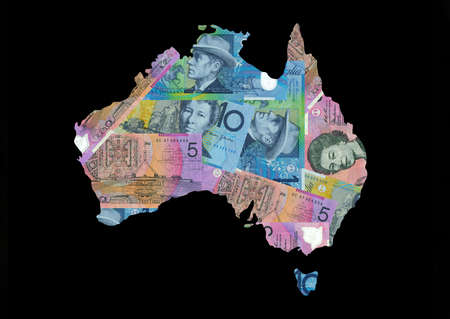Map of Australia with Australian dollars bills illustrationの写真素材