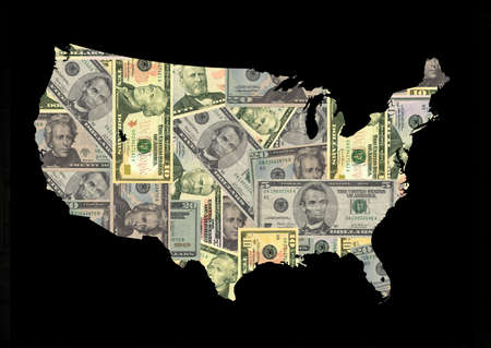 Map of USA with American dollars bills illustrationの写真素材