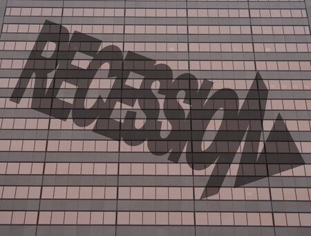 Recession on red skyscraper windows background
