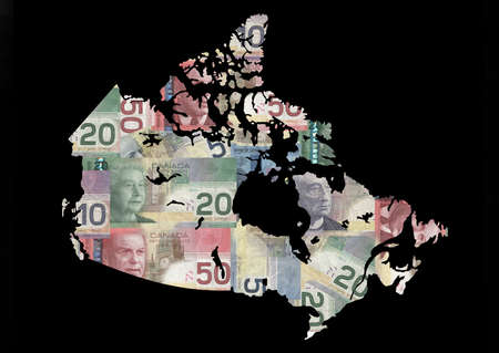 Map of Canada with collage of colourful canadian Dollarsの写真素材