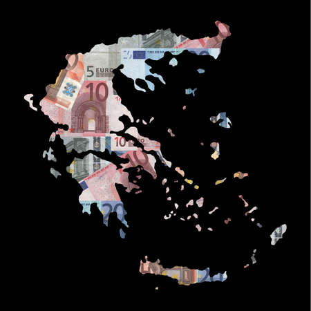 Map of Greece with collage of colourful euro notes illustrationの写真素材