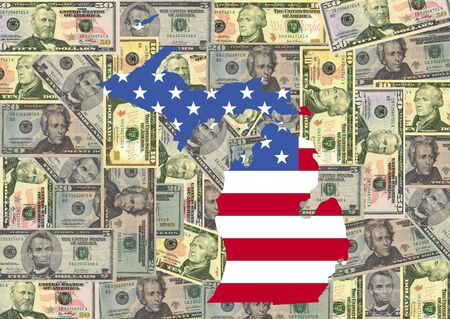 Map of Michigan with American flag and dollars illustrationの写真素材