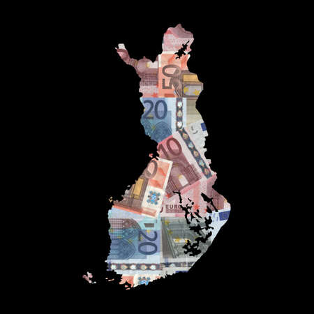 Map of Finland with collage of colourful euro notes illustrationの写真素材