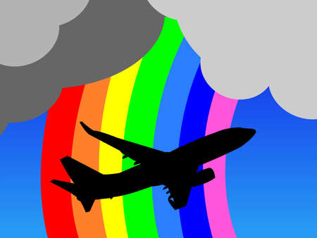 plane taking off with clouds and rainbow illustrationの写真素材