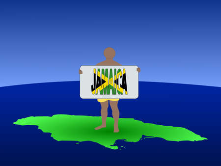 man in shorts on map of Jamaica with signの写真素材