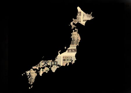 Japan map with collage of Japanese currency illustrationの写真素材