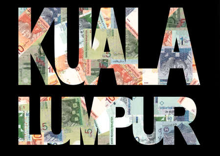 Kuala Lumpur text with collage of colourful Malaysia currency illustration