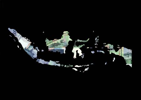 Indonesia map with collage of colourful indonesian currency illustrationの写真素材