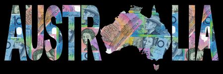 map of Australia with text on collage of colourful Australianの写真素材