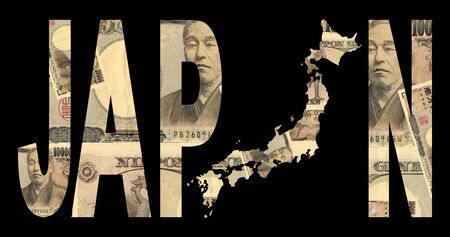 Japan map with text on collage of Japanese currency illustrationの写真素材