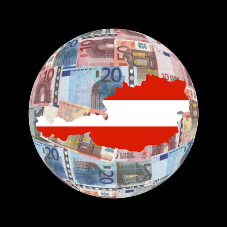 Austria map flag on euros globe illustrationの写真素材