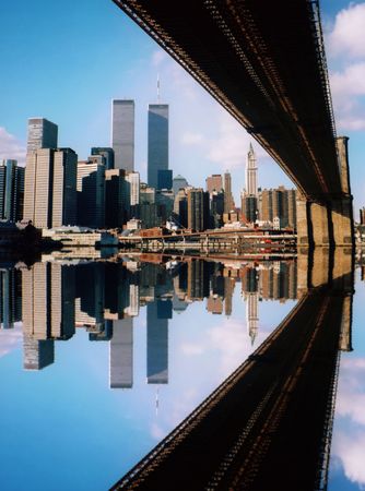 World Trade Center and the Brooklyn Bridge, reflected New York City