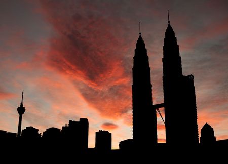 Kuala Lumpur skyline with twin Towers at sunset illustrationのeditorial素材