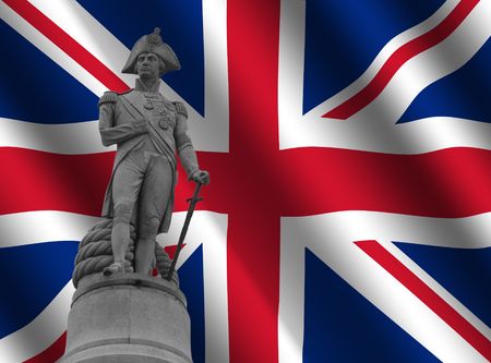 Statue of Admiral Nelson Trafalgar Square against rippled British Flag illustrationの写真素材
