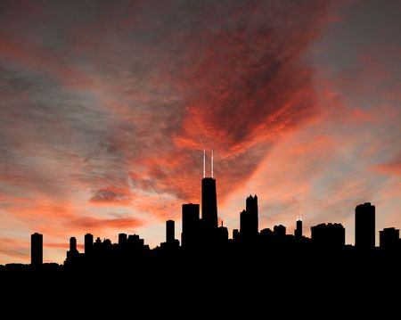 Chicago skyline at sunset with beautiful sky illustrationの写真素材