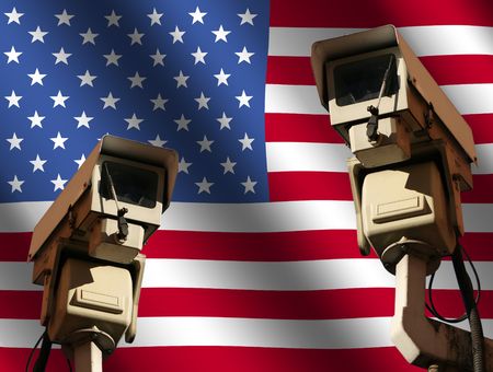 two CCTV cameras and rippled American flag illustrationの写真素材