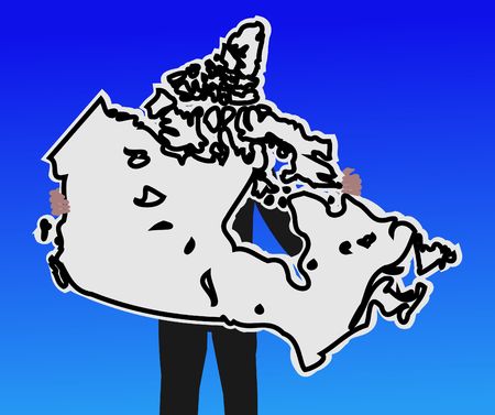 Business man with Canadian map sign and blue sky illustrationの写真素材