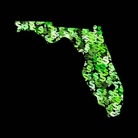 Map of Florida with collage of colourful dollar symbols illustrationの写真素材