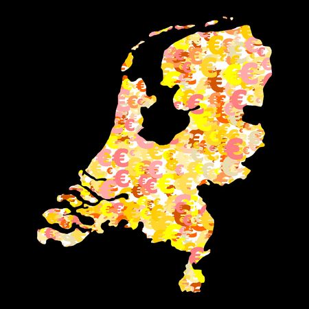 Map of Netherlands with collage of colourful euro symbols illustrationの写真素材