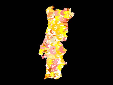 Map of Portugal with collage of colourful euro symbols illustrationの写真素材
