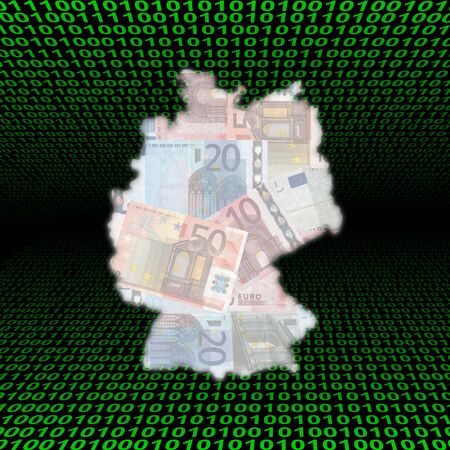 glowing Germany map with euros on green binary codeの写真素材