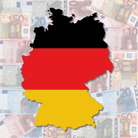 Map and flag of Germany with collage of colourful euro notes illustrationの写真素材